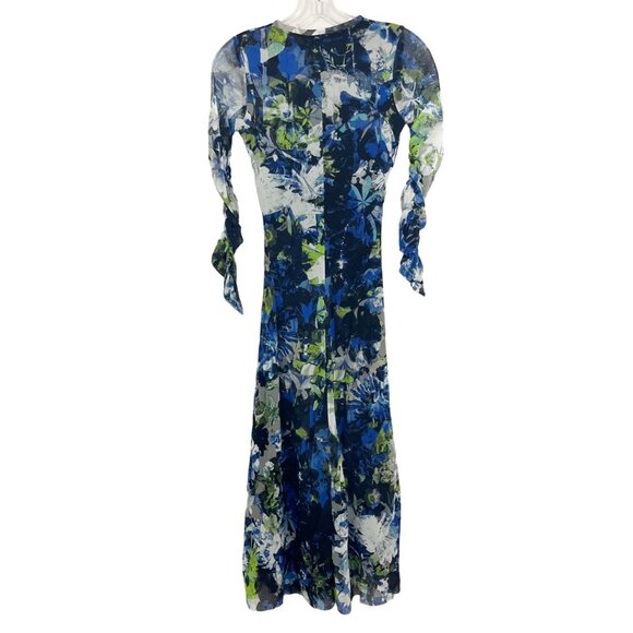 NEW Fuzzi Floral Mesh Midi Dress Ruched Sleeves V-Neck Black Blue Artsy Size XS - Picture 2 of 8